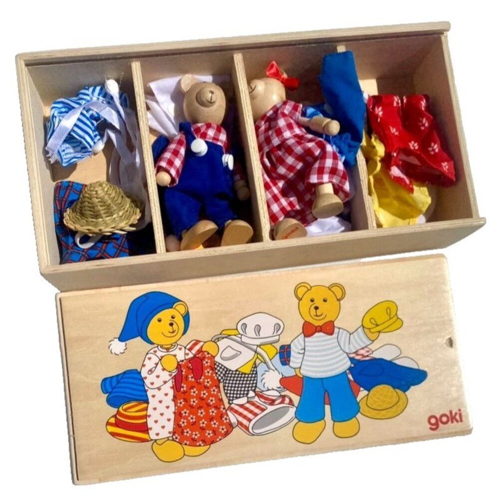 GOKI WOODEN Dress-Up Bears BENNA & BENNOH Clothes & Storage Box NEW Germany Set